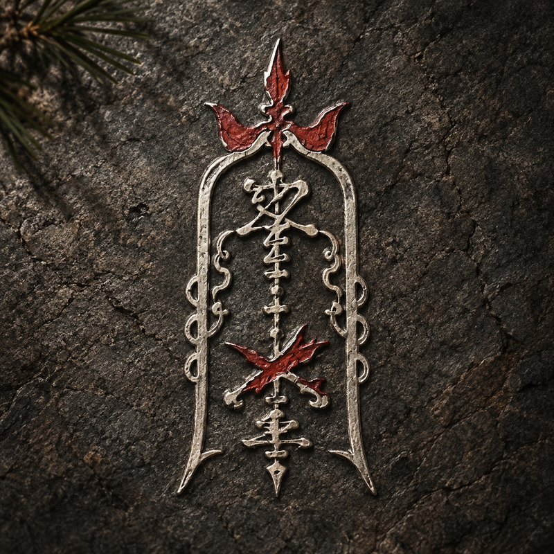 Silver and cinnabar-red talisman-inspired relief on dark stone