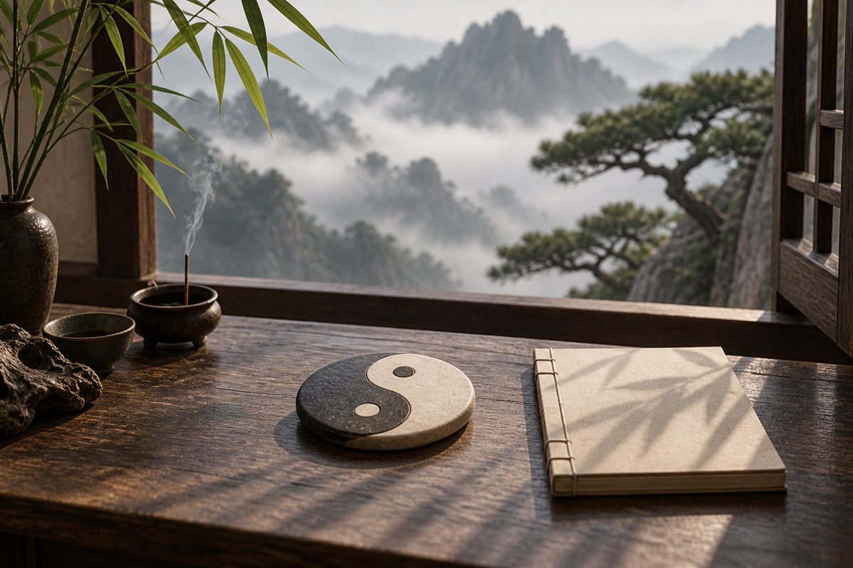 Yin-yang stone and a traditional book overlooking misty pine mountains