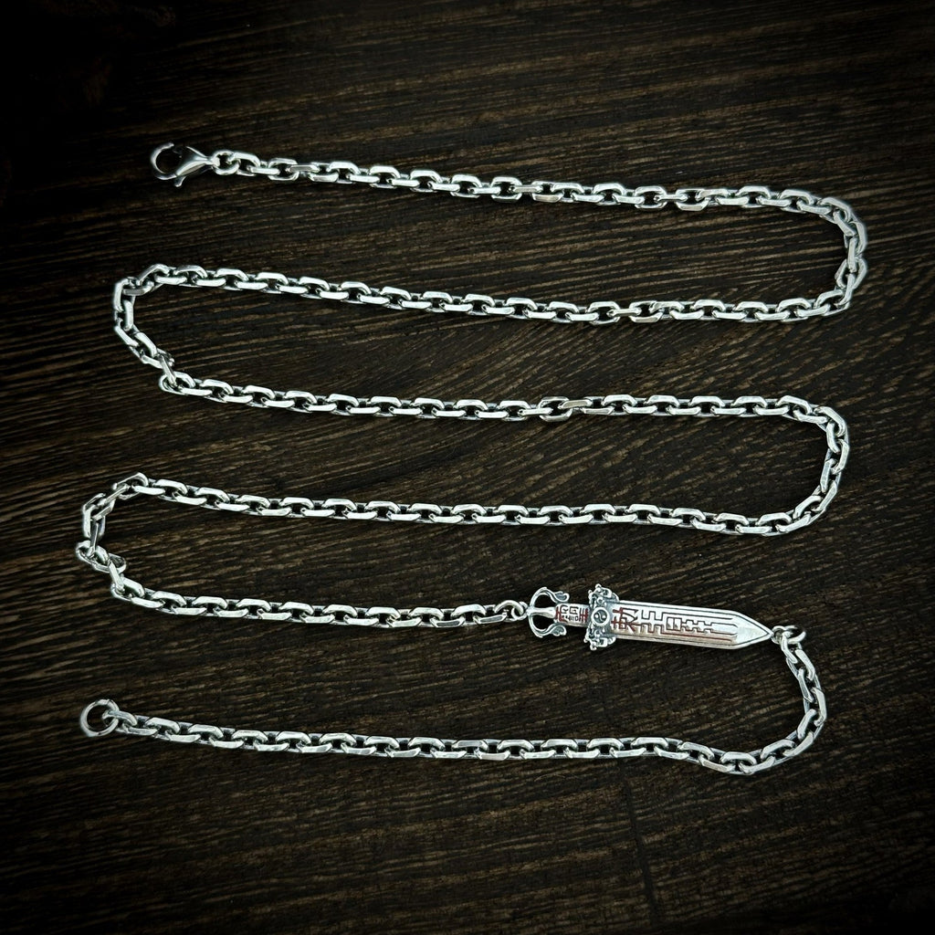 TaoWards sword chain necklace laid flat, showing the full chain and lobster clasp.