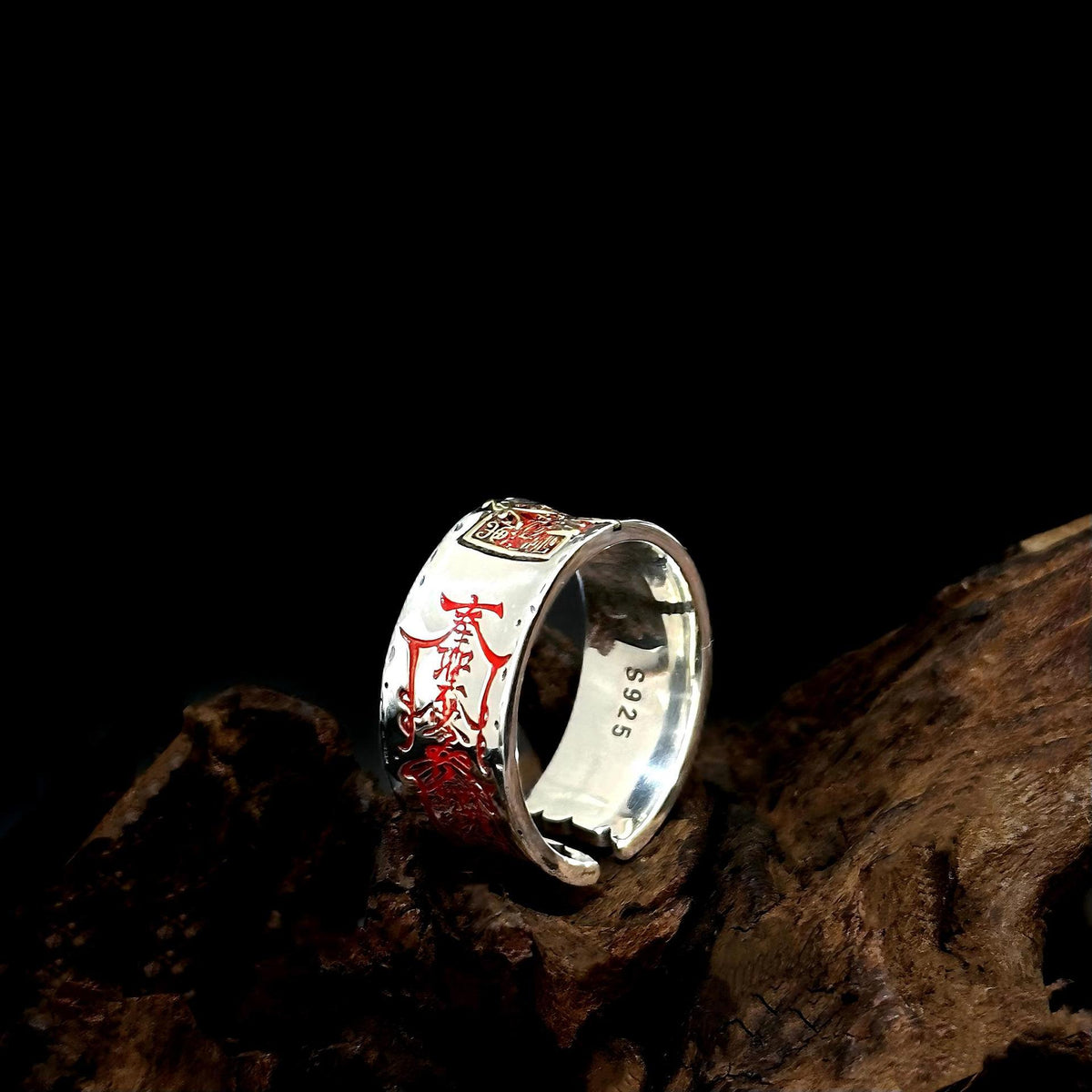 Side view of TaoWards Celestial Master Open Ring showing red engraved details